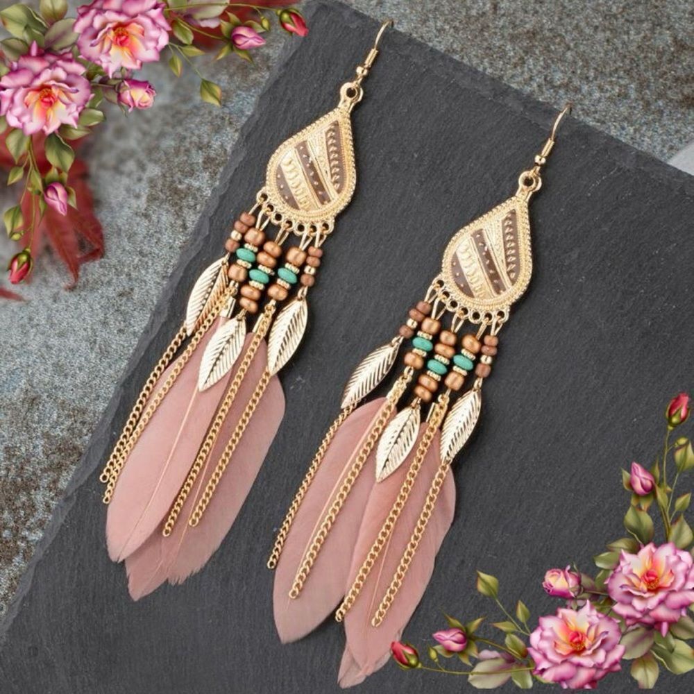 Vintage Style Feather Tassel Earrings with Stainless Steel studs‎